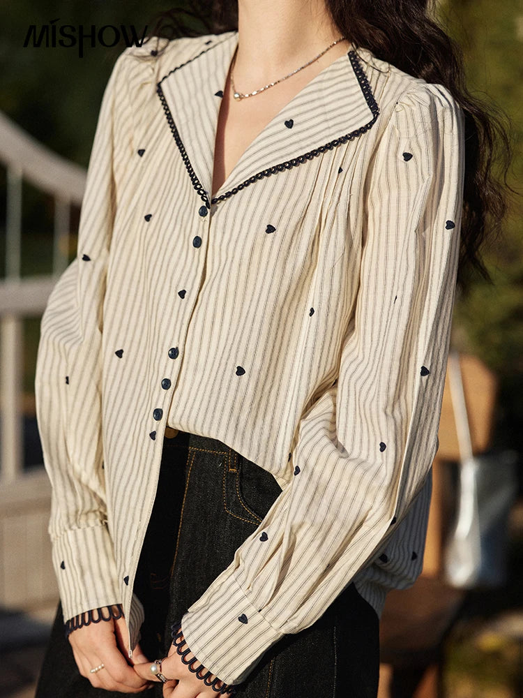 MISHOW Striped Bubble Sleeve Shirt for Women 2025 Spring French Retro Love Embroidered Top 100 Cotton V-neck Shirts MXE12C0390