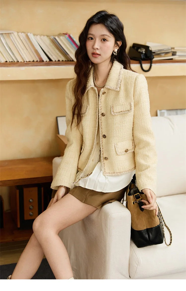MISHOW Women's Fragrant Tweed Coat 2025 Autumn Retro Woven Short Top Metal button single breasted Lapel Commute Coats MXE46W0837