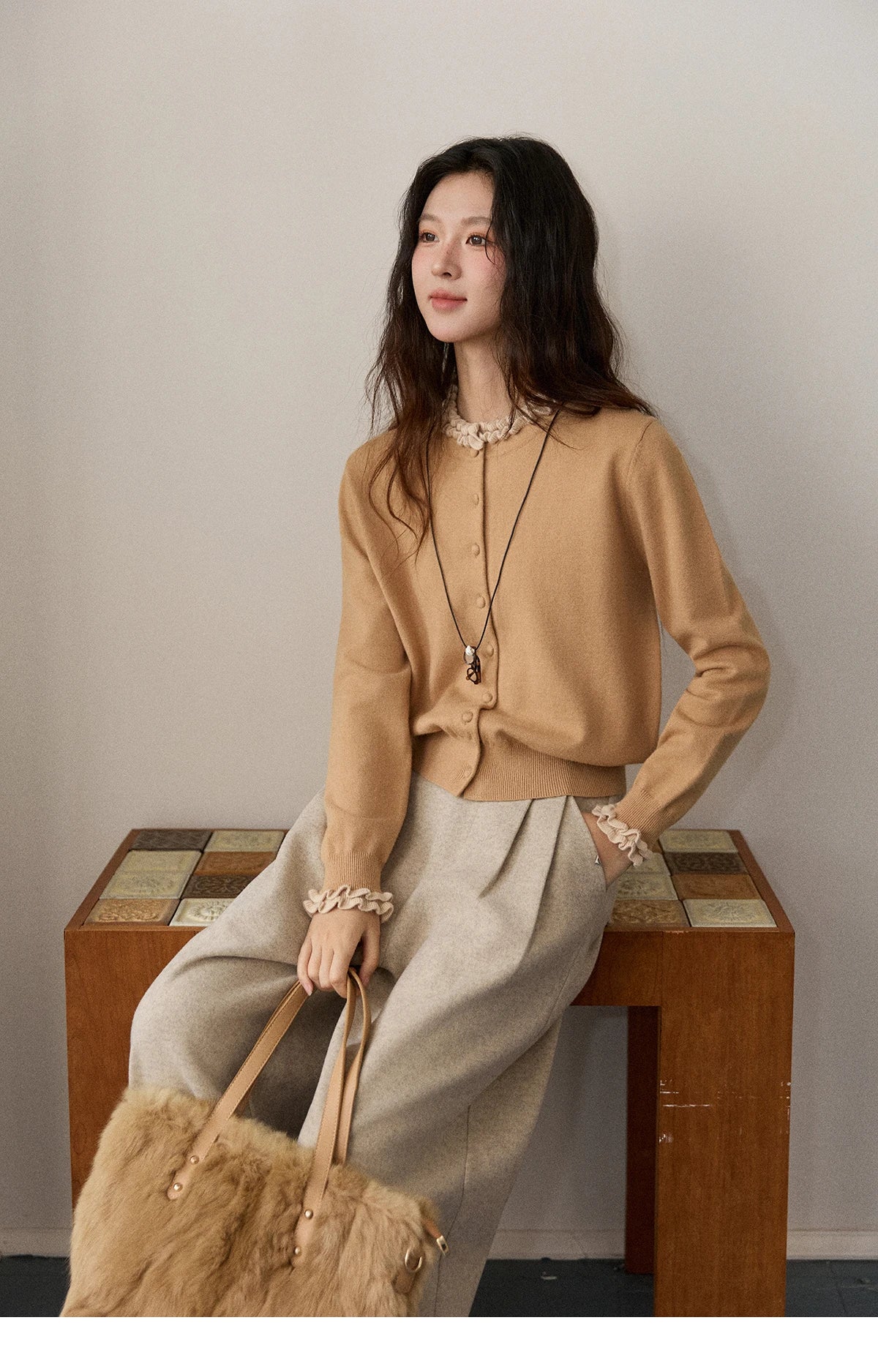 MISHOW Women Knit Cardigan Long Sleeve 2025 Winter Retro Ruffle O-neck Knitted Sweater Loose Casual Commute Khaki Top MXE91Z2749