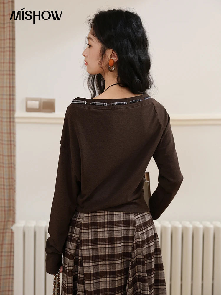 MISHOW Slant Shoulder Knitted Top for Women Autumn 2025 Drak Brown Plaid Strap Design Tops Casual Knitted Base Top MXE45T1402