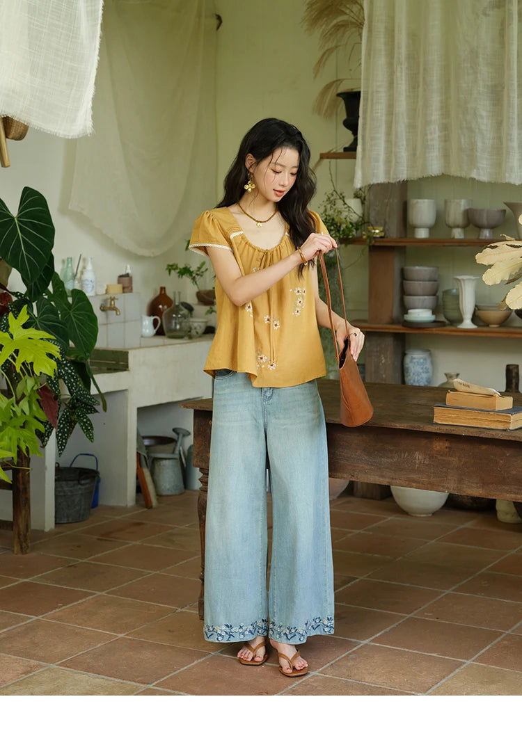 MISHOW Fashion Embroidery Flower Blouses for Woman 2025 Summer O-Neck Lace Up Flying Sleeve Lace Spliced Loose Top MXE39X1880