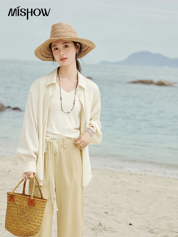 MISHOW Cotton Casual T-shirts Women New 2025 Short Sleeve V-neck Solid Versatile Shirt Female Fashion Basic Tops Lady MXE33T0519