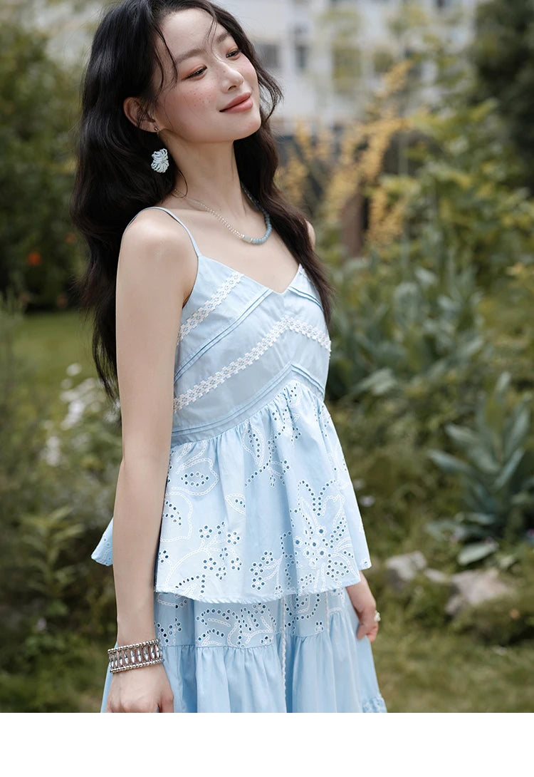 MISHOW Woman 2 Pieces Set 2025 Summer Ladies Fashion Strap V-neck Top Embroidery Flower Hollow Out Drawstring Skirt MXE34T0624