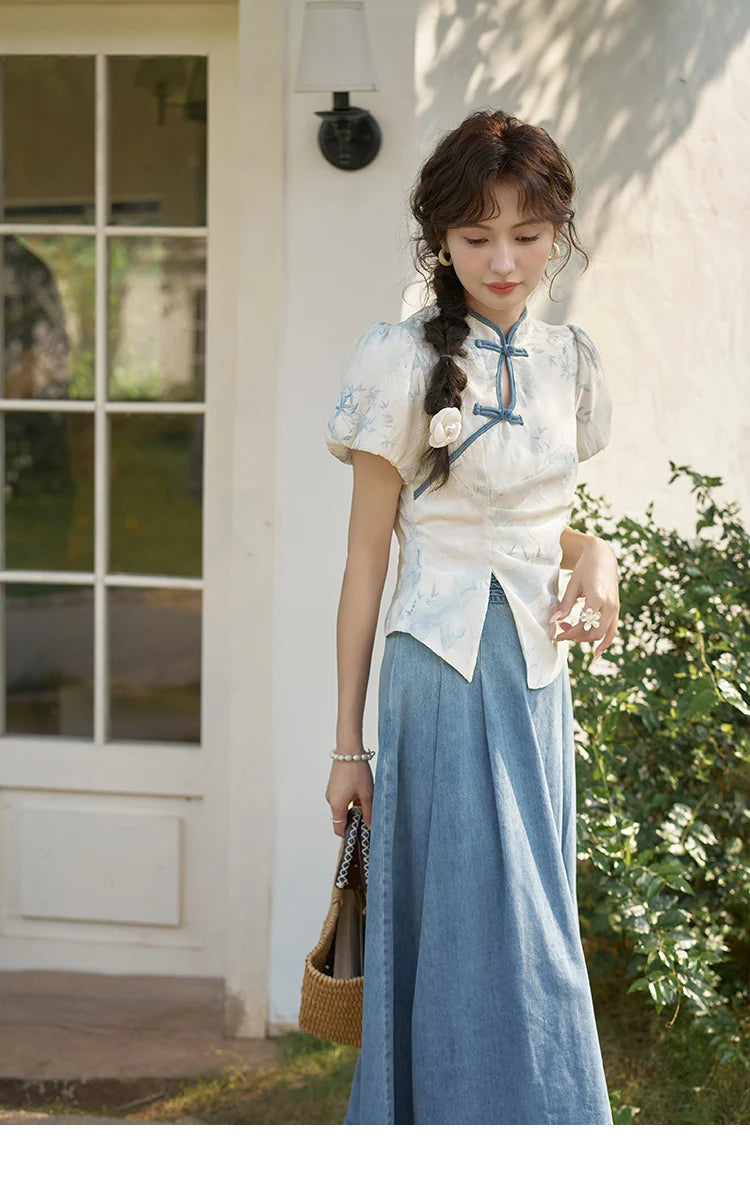 MISHOW Chinese Embroidered T-shirt High Waist Skirt Separately Summer 2024 Short Sleeve Split Hem Tops Denim Skirts MXD28X1604