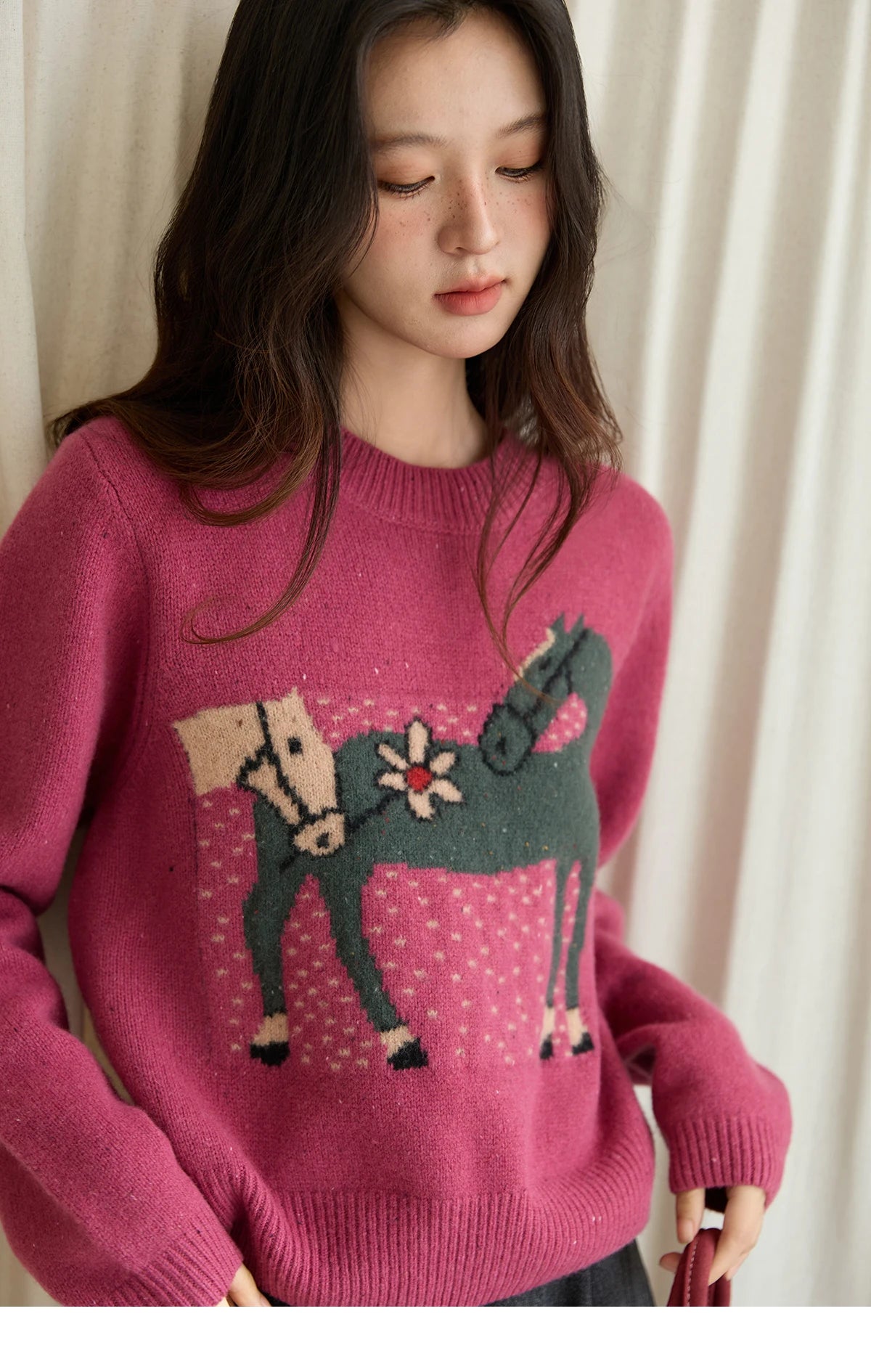 MISHOW Red Sweater Women 2025 Autumn Winter French Round Neck Pony Jacquard Loose Pullovers Long-sleeved Knitted Top MXE48Z2622