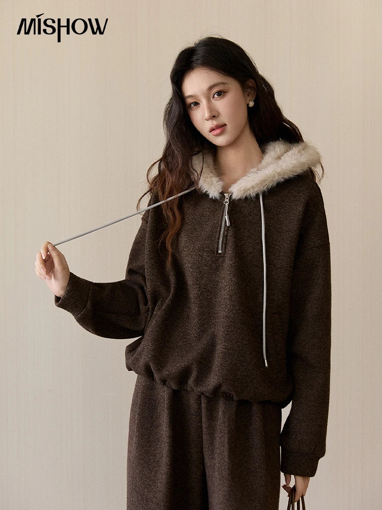 MISHOW Women's Brown Two-Piece Set 2025 Winter Faux Fur Hood Sweatshirt Elastic Waist Wide-Leg Pants Warm Casual Sets MXE94T1476