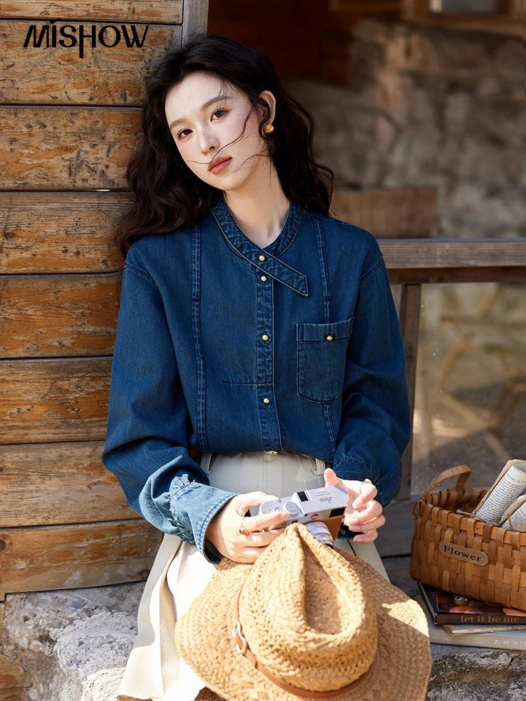 MISHOW 100 Cotton Denim Shirt French Retro Long Sleeved Shirt for Women 2025 Spring Loose Fit O Neck Casual Shirt Top MXE12C0384