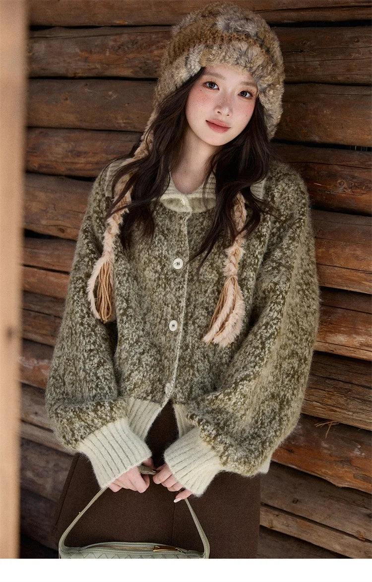 MISHOW Women's Green Retro Mottled Sweater Winter 2025 Casual Stand-up Collar Batwing Sleeves Knitted Cardigan tops MXE90Z2787