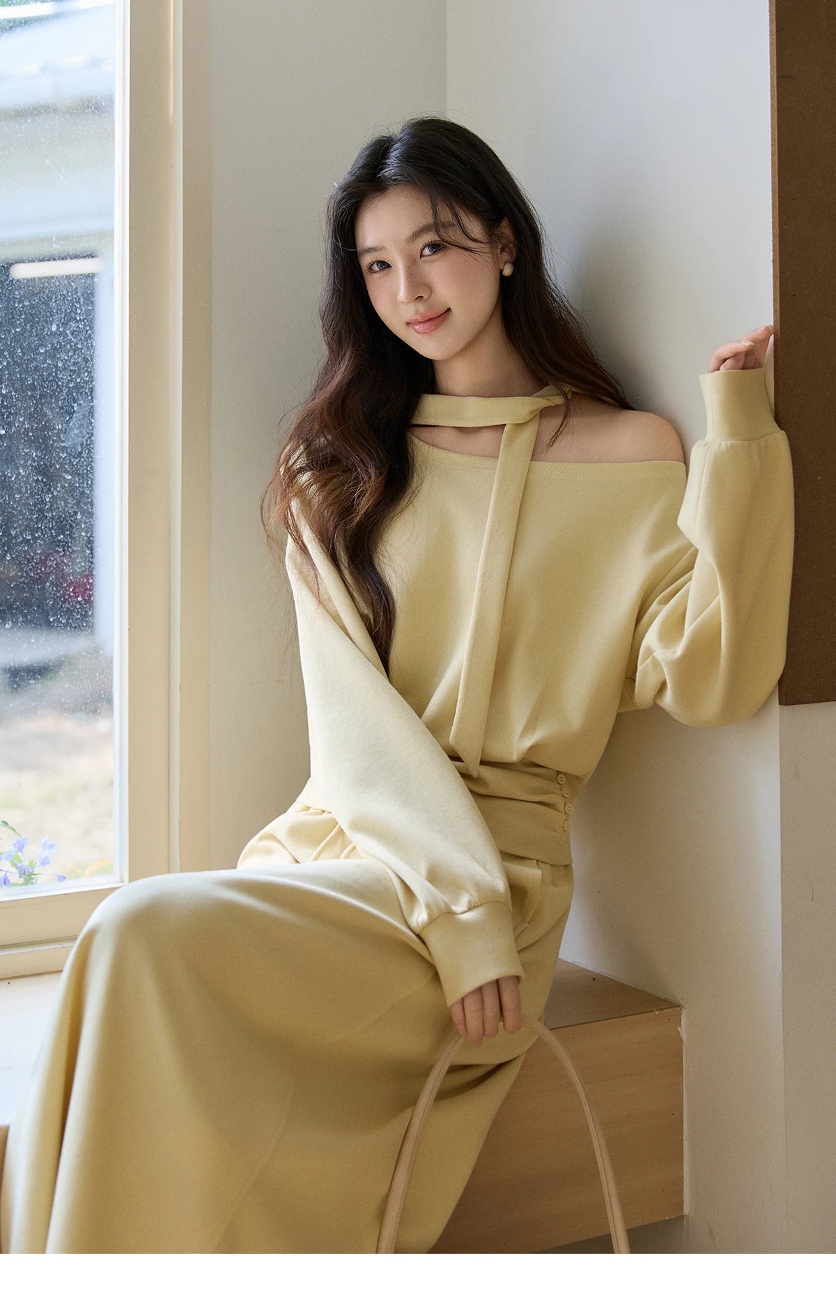 MISHOW Women's Light Yellow Two-Piece Set Asymmetrical Off-shoulder Pullover Top Rear Fork Midi Skirt Set with Ribbon MXE11T1489