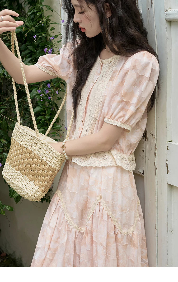 MISHOW French Embroidered Lace Bubble Sleeve Top & Elastic Waist Skirt Set MXD23X1428