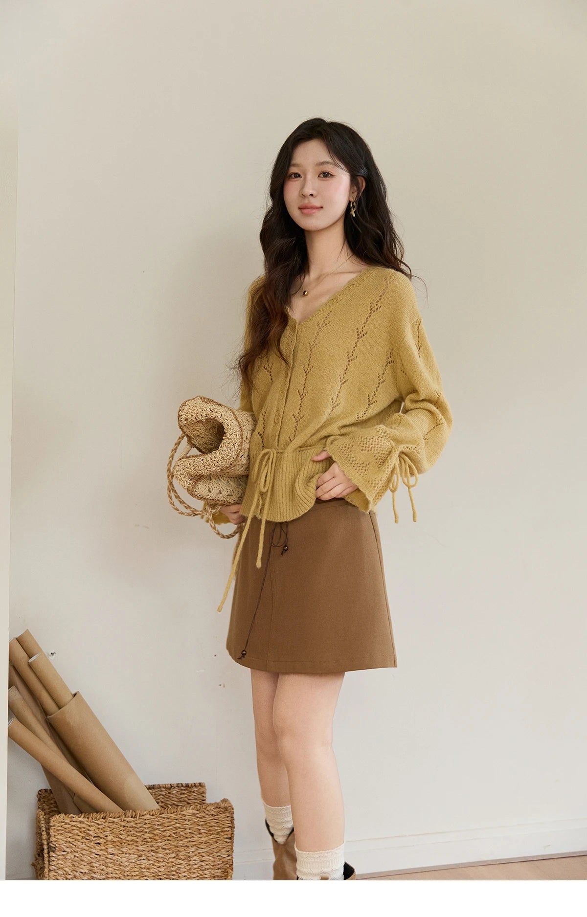 MISHOW Women's Yellow Knitted Cardigan 2026 Spring Hollow Out V-Neck Drawstring Waist Long Sleeve Casual Loose Tops MXF108Z1022