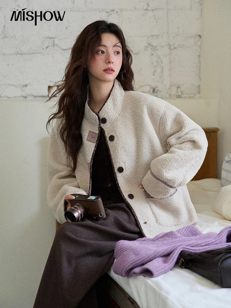 MISHOW Women Purple Coats 2025 Winter Luxury Turn-down Collar Double-sided Jacket Pocket Decoration Windproof Jacket MXE87W0940