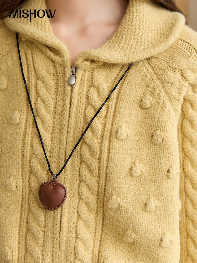 MISHOW Zipper Knit Cardigan Women 2025 Winter Yellow Turn-down Collar Loose Thick Sweater Luxury Comfort Casual Top MXE49Z2619