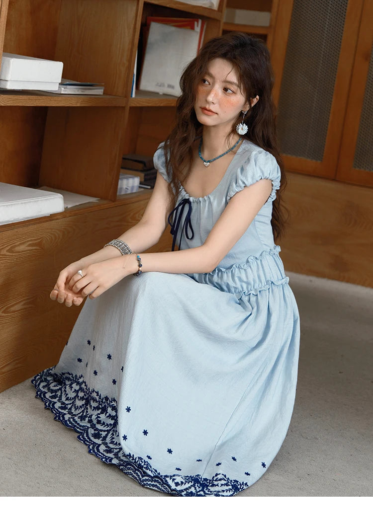 MISHOW Women's Bohemian Embroidery Dress 2025 Summer Ladies Fashion V-neck Lace Up Flower Bud Sleeve Blue Long Dress MXE36L2244
