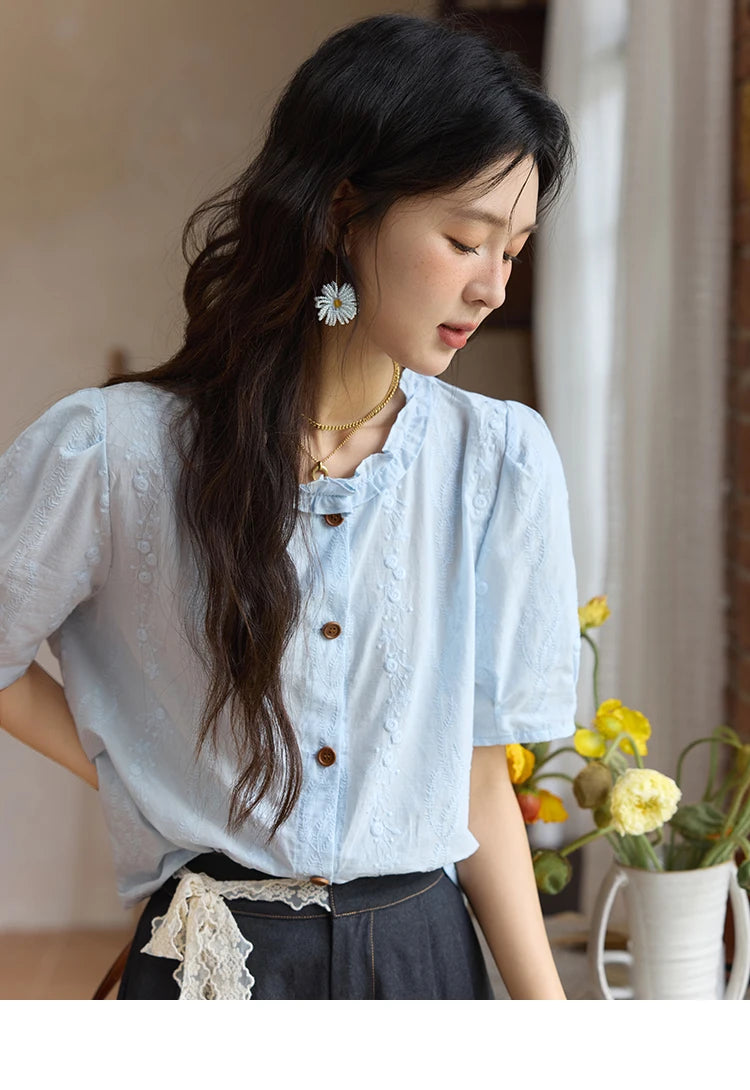 MISHOW 100% Cotton Women's Puff Sleeve Shirt 2025 Summer New Fashion Round Neck Button Top Casual Female Clothing MXE36X1873
