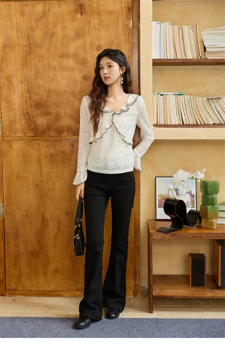 MISHOW Lace Blouse for Women Autumn 2025 V-neck Ruffle Edge Contrasting Embroidery Loose Top Flare Sleeve Blouses MXE45X2483