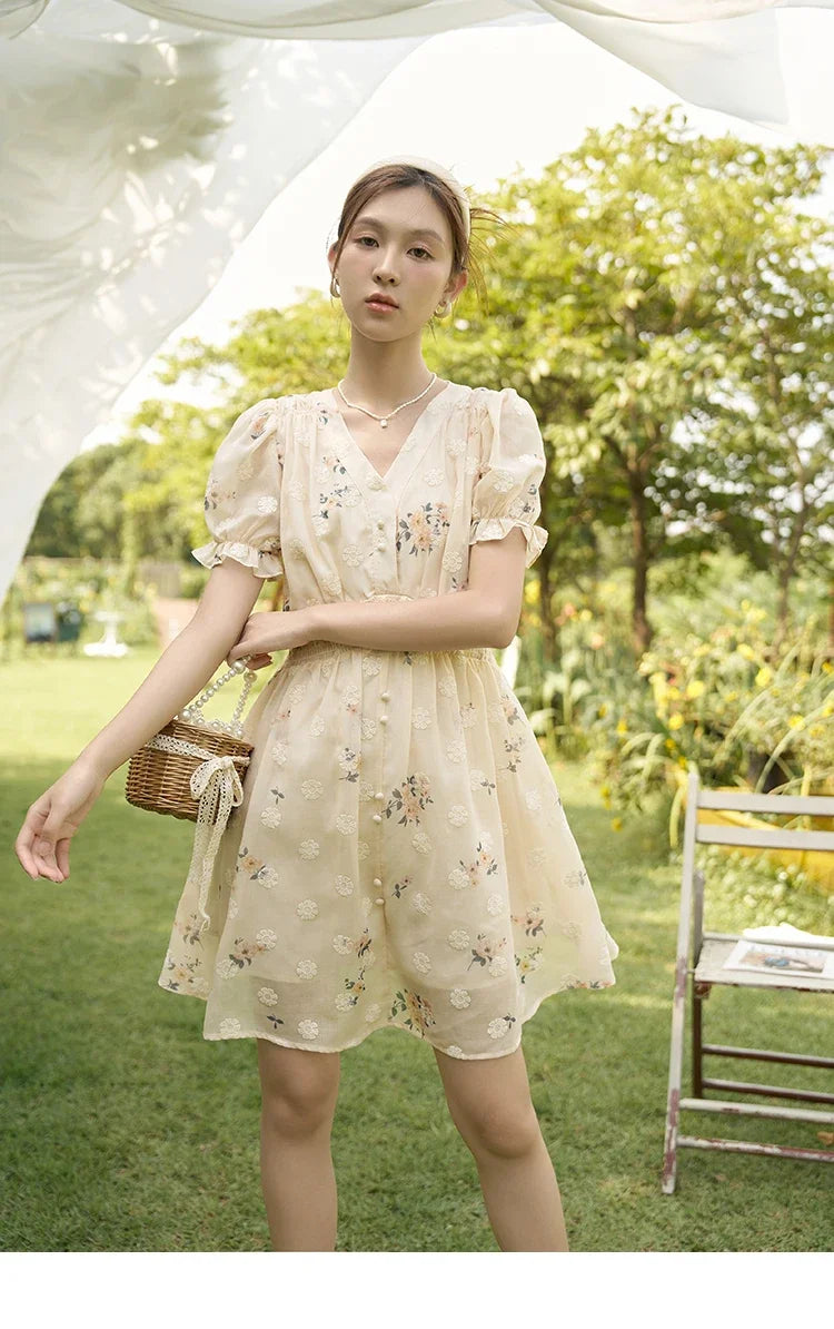 MISHOW Women's Chiffon Dress 2025 Summer French Elegant Floral Embroidered A-LINE V-Neck Sweet Knee-Length Dresses MXC38L1424