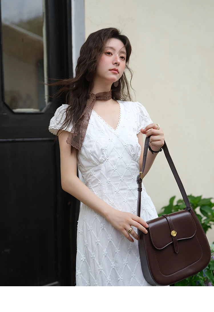 MISHOW Women's V-neck Lace Spliced Dress 2025 Summer New Embroidery Vacation French Style Jacquard Mid-Length Dresses MXE38L2378