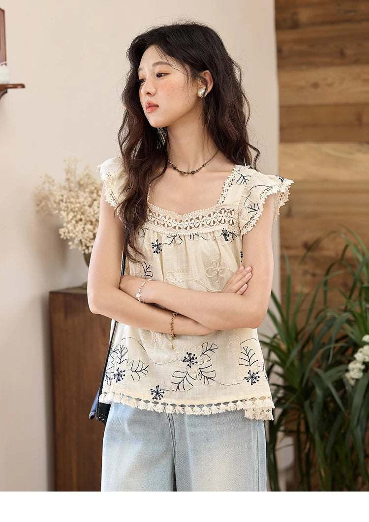 MISHOW Square Collar Embroidered Doll Blouses for Women Summer 2025 Flying Sleeve Patchwork Lace Tassels Retro Tops MXE35X1839