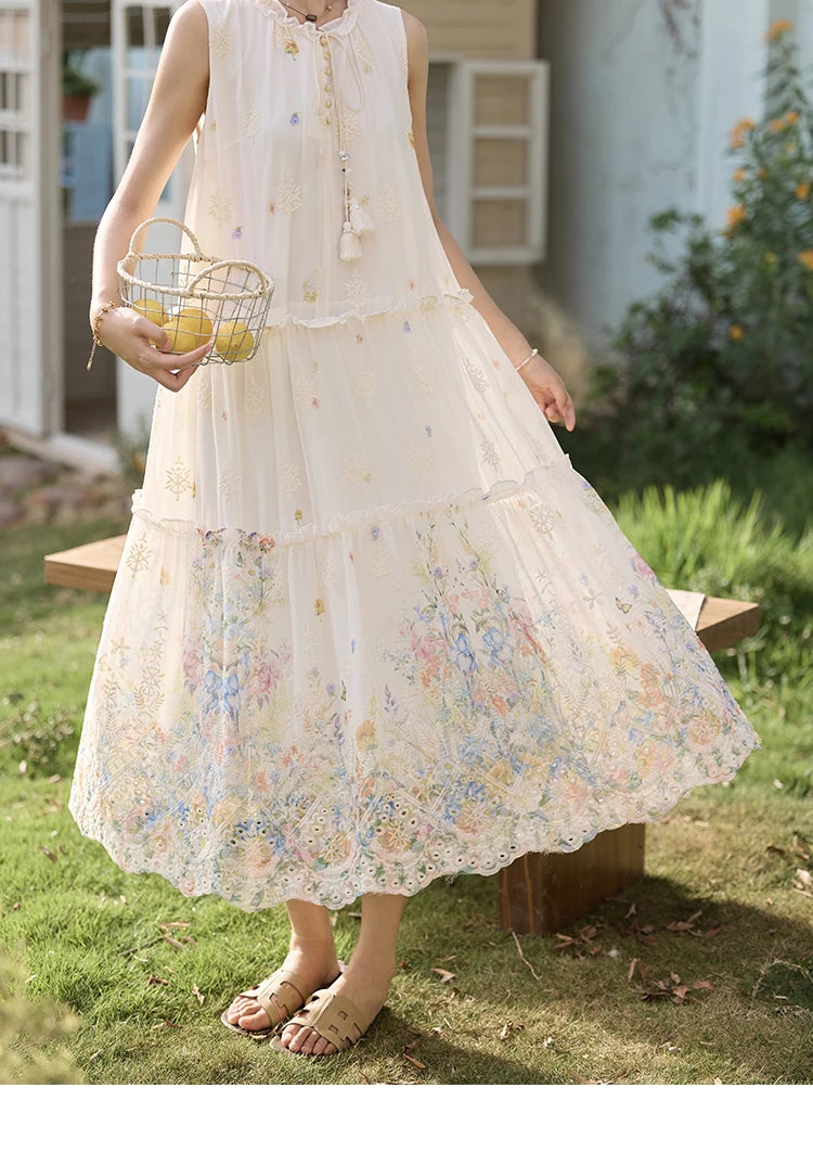 MISHOW Women's Fashion Sleeveless Print Dress 2025 Summer New Mushroom Edge O-Neck Lace Up Tassels Loose Midi Dresses MXE36L2253