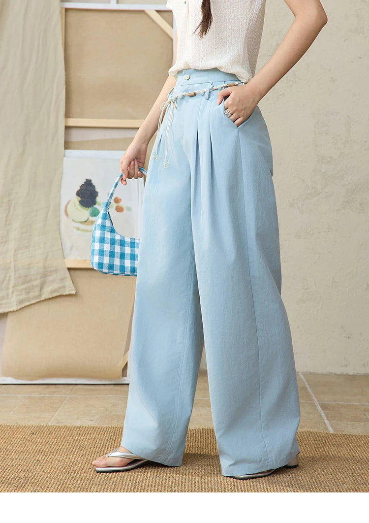 MISHOW Sea Salt Blue Wide Leg Pants 2025 Summer Contrasting Bead Belt Cotton Blend Trousers Slim Commuting Pants MXE35K0931