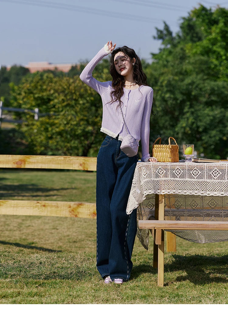 MISHOW Macaron Knitted Tops 2025 Spring Hollow Hook Flower Lace Splicing Tops Bow Embroidery O-neck Long Sleeve Tees MXE16Z1211