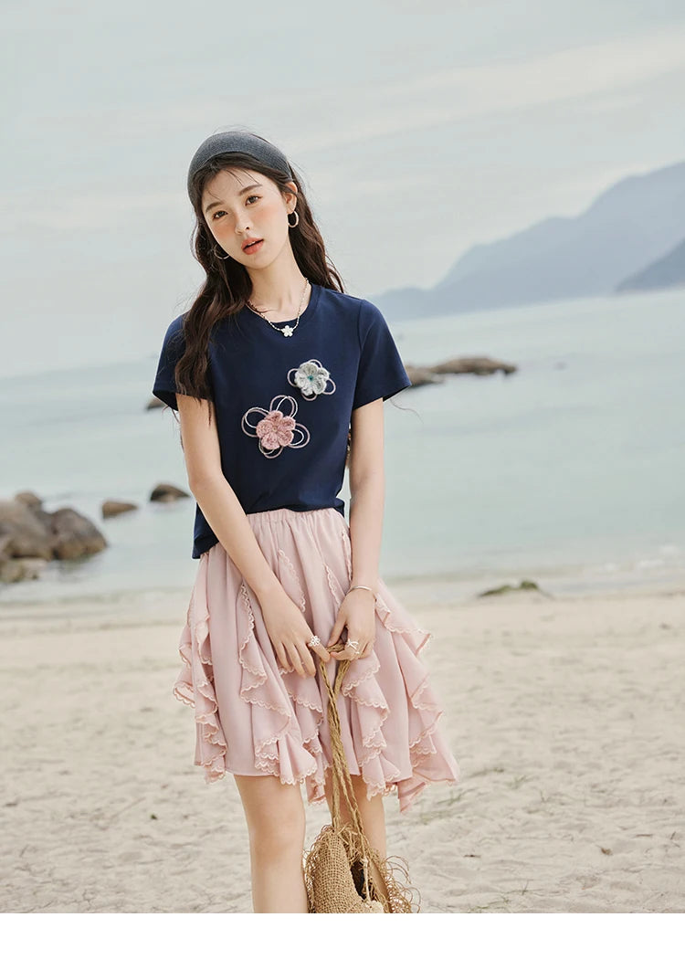 MISHOW Casual Summer Print T-shirts Women New 2025 Short Sleeve Round Neck Flower Beaded Shirts Female Fashion Tops MXE33T0499