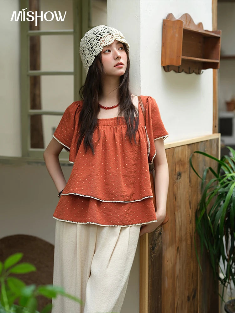 MISHOW Women's Polka Dot Blouse 2025 Summer Square Neck Lace Spliced Double Layered Ruffled Red Top Women's Clothing MXE37X1857