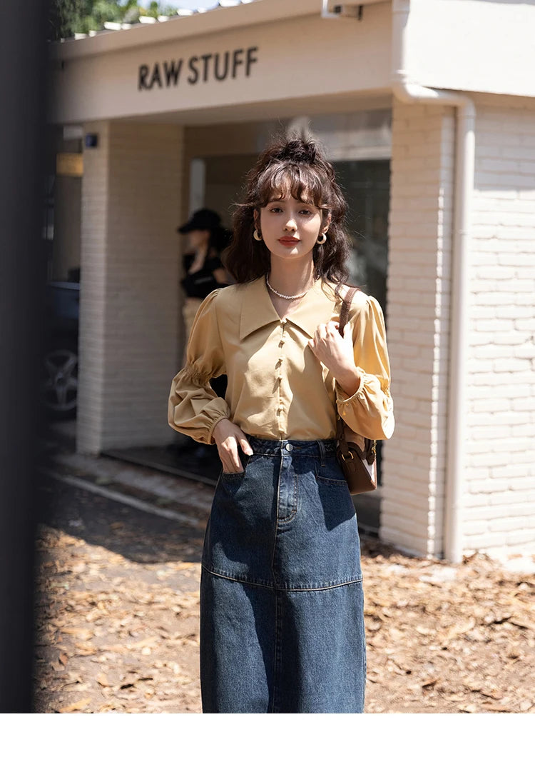 MISHOW Elegant Women's Blouse Autumn Vintage French Lantern Sleeves Turndown Collar Shirt Office Lady Female Clothing MXB32C0508