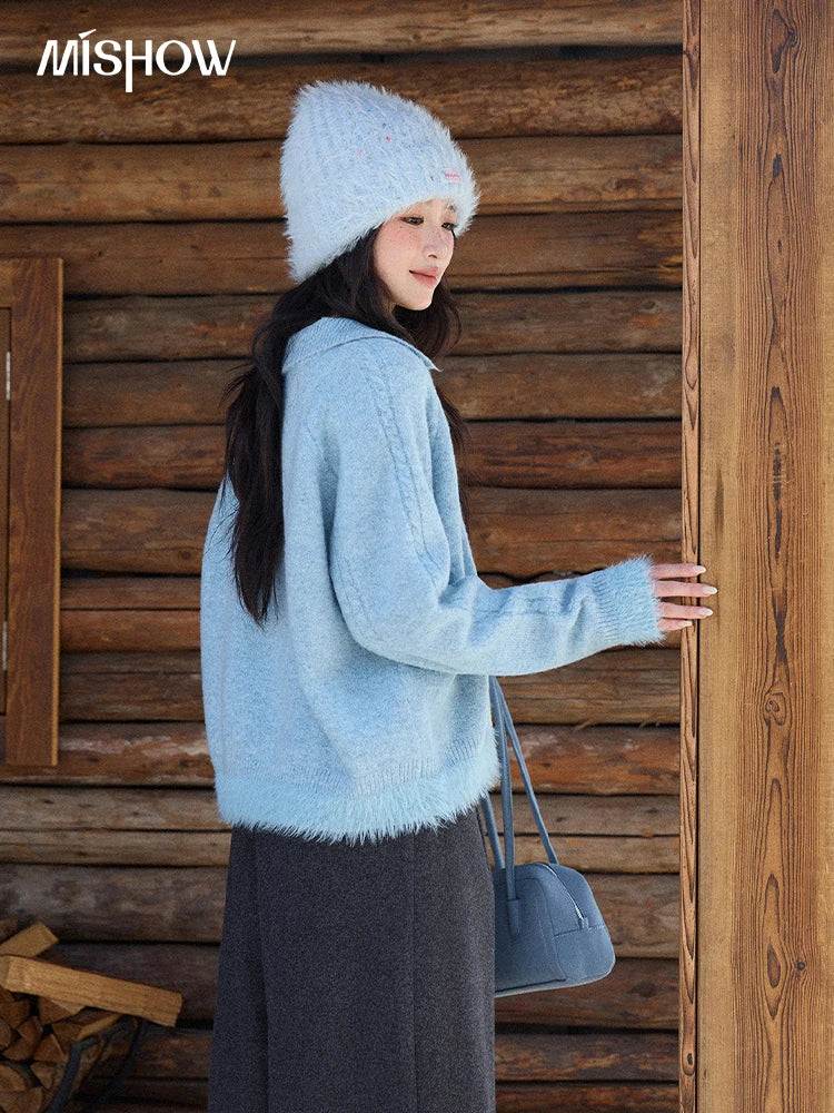 MISHOW Luxury Women's Sweaters 2025 Winter Blue Polo Collar Cable Knit Faux Mink Pullovers Loose Commute Tops Lady MXE88Z2756