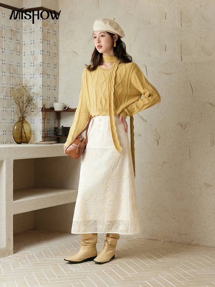 MISHOW Romantic Lace Wave Lace O-neck Knitted Sweater 2024 French Short Top Solid Hollow Elegant Sweater with Belt MPD42Z0736