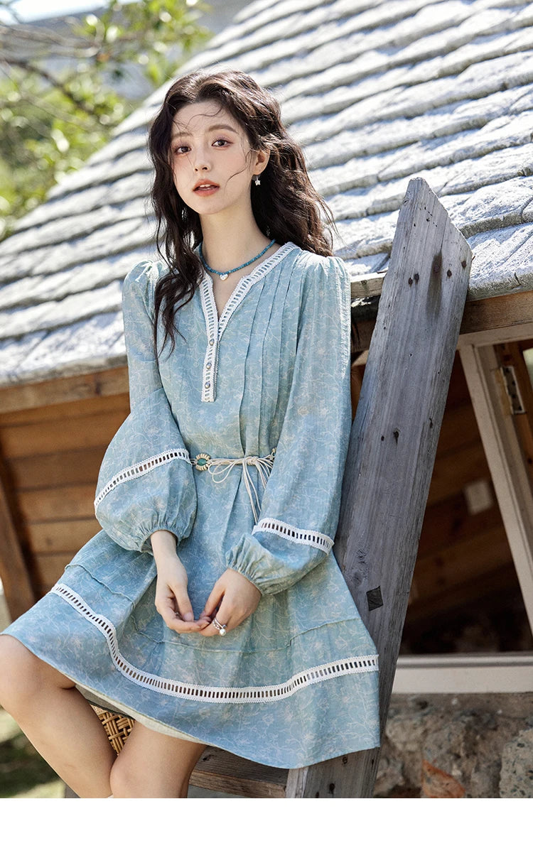 MISHOW Chiffon Printed Dress for Women Spring 2025 French V-neck Hollowed Out Lace Patchwork Medium Length Dresses MXE12L2096