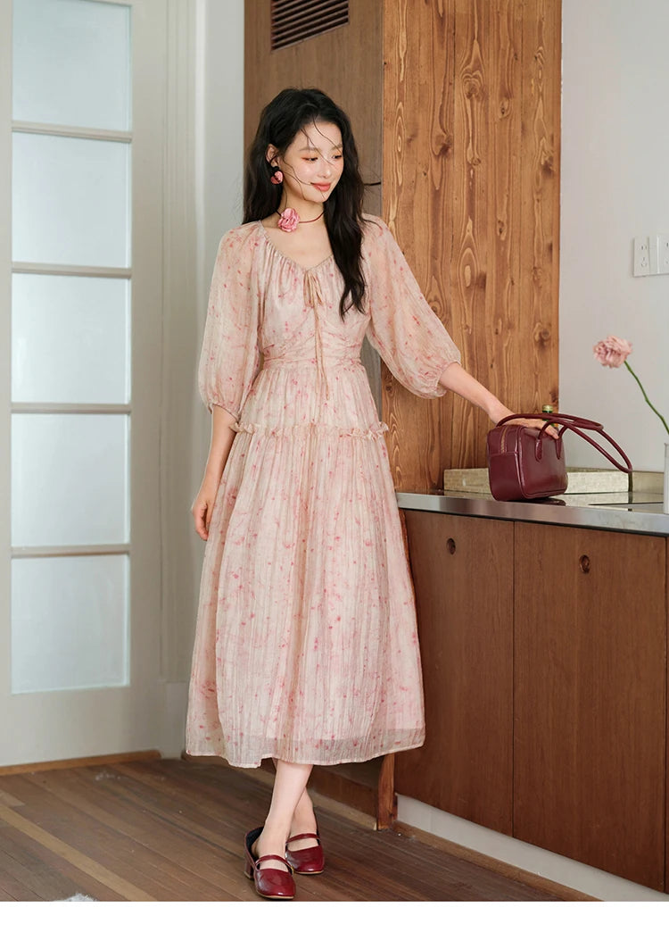 MISHOW Korean Women's Floral Pink Dress Autumn Convertible V Neck Off Shoulder Bubble Sleeves Elastic Waist Dresses MXE41L2479