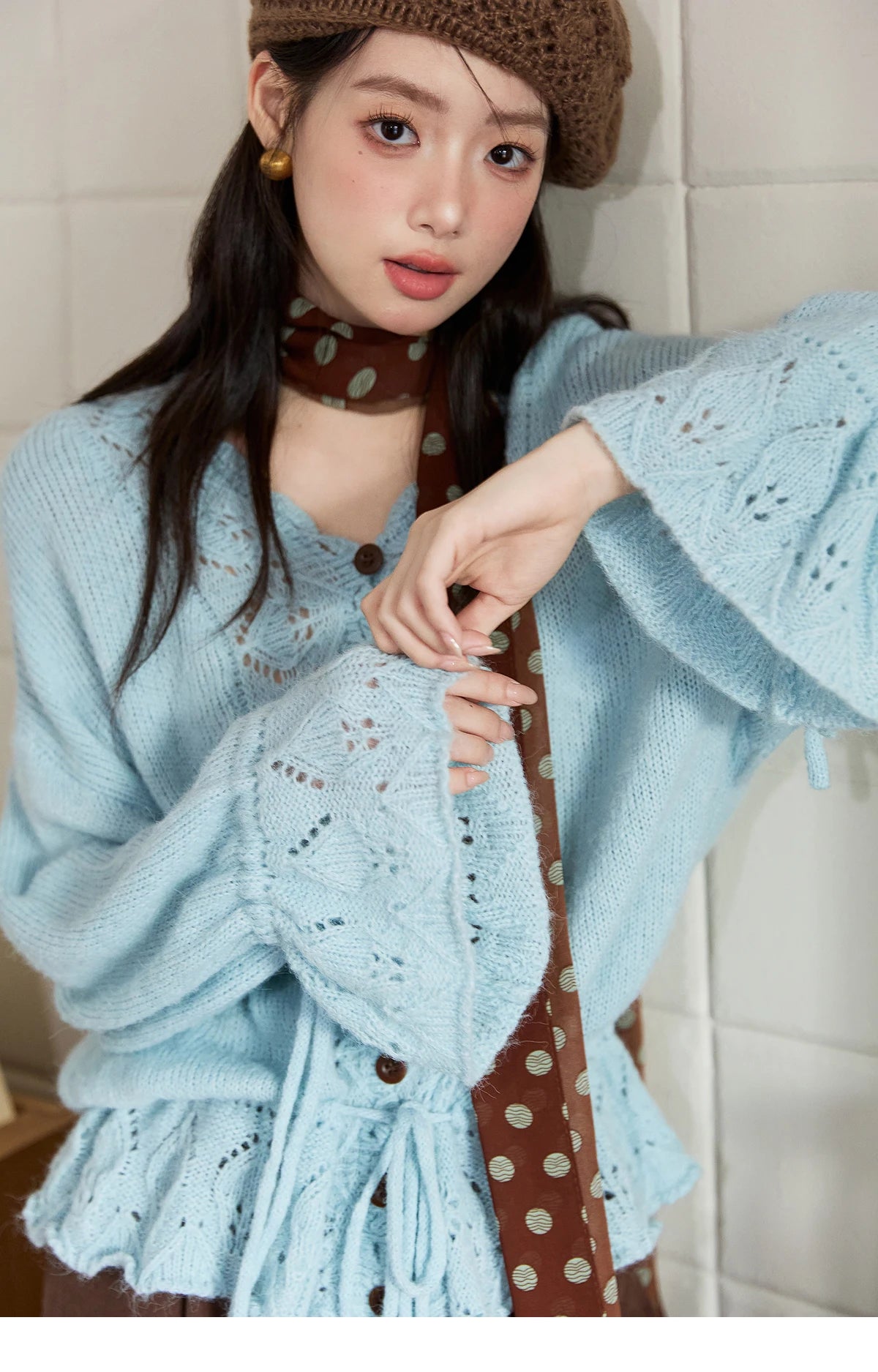 MISHOW Elegant Cardigan Women 2025 Autumn Design Hollow Knit Sweater V-neck Flared Sleeves Loose Casual Sweater MXE47Z2513