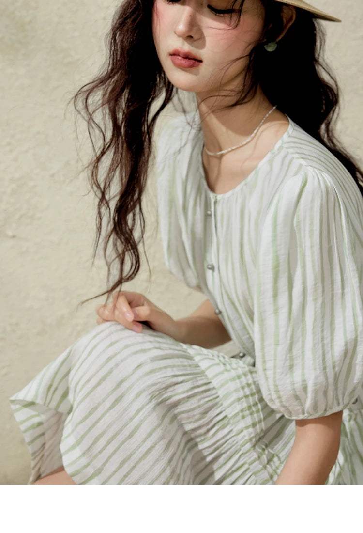 MISHOW French Green Striped Dress Women Summer 2025 Short Puff Sleeve Round Neck New Mid-length Dresses Woman Fashion MXE15L2141