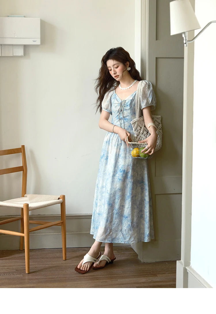 MISHOW Women's Fashion V-neck Lace Up French Dress 2025 Summer Puff Sleeve Embroidery Flower Dress Female Clothing MXE38L2379