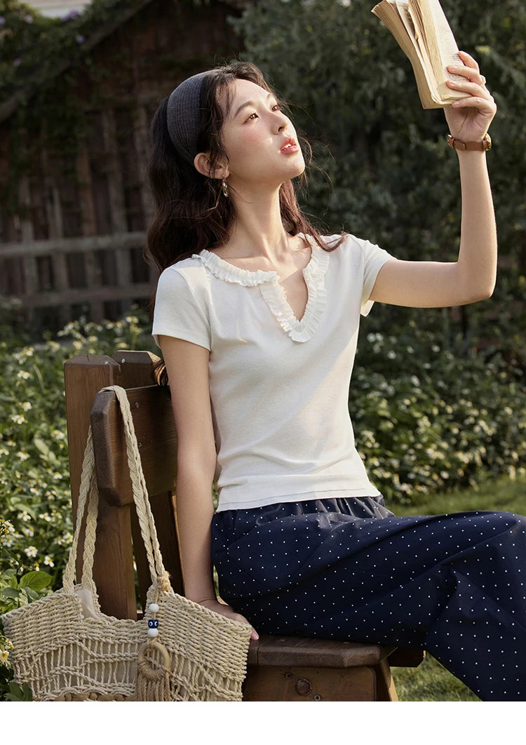 MISHOW Casual Summer T-shirts Women New 2025 Short Sleeve V-neck  Solid Straight Shoulder Slimming Shirt Female Thin MXE35T0562