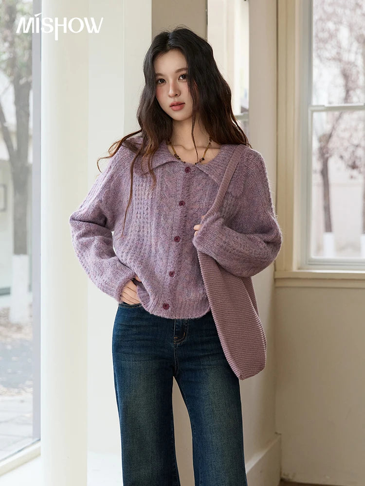 MISHOW Cardigans Ladies 2025 Winter Loose Retro Purple Turn-down Collar Imitation Mink Sweater Commute knit Top MXE88Z2616