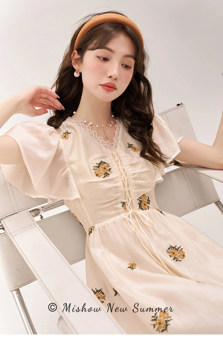 MISHOW [Van Gogh/Sunflower Collection] Embroidered Dress 2023 Summer Sweet Butterfly Sleeve V Neck Lace Splice Dress MXC39L1524