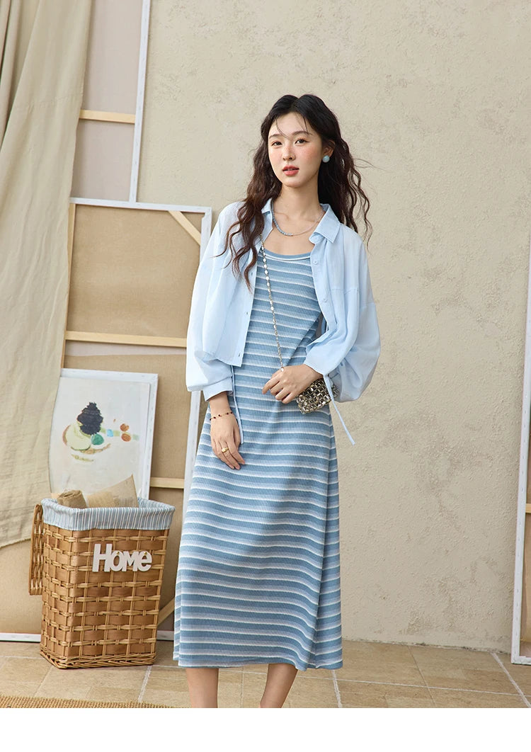 MISHOW Women's Blue Striped Camisole Dress Lyocell Shirt Separately Summer 2025 Lapel Solid Shirt O-neck Strap Dress MXE34L2285