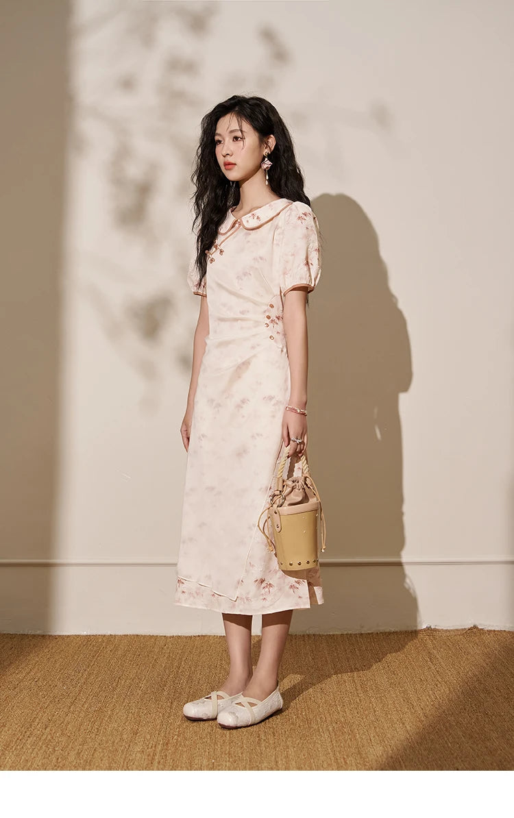 MISHOW Chinese Doll Collar Dresses 2024 Summer Improved Cheongsam Waist Pink Bamboo Printing Splicing Mesh Midi Dress MXD22L1829