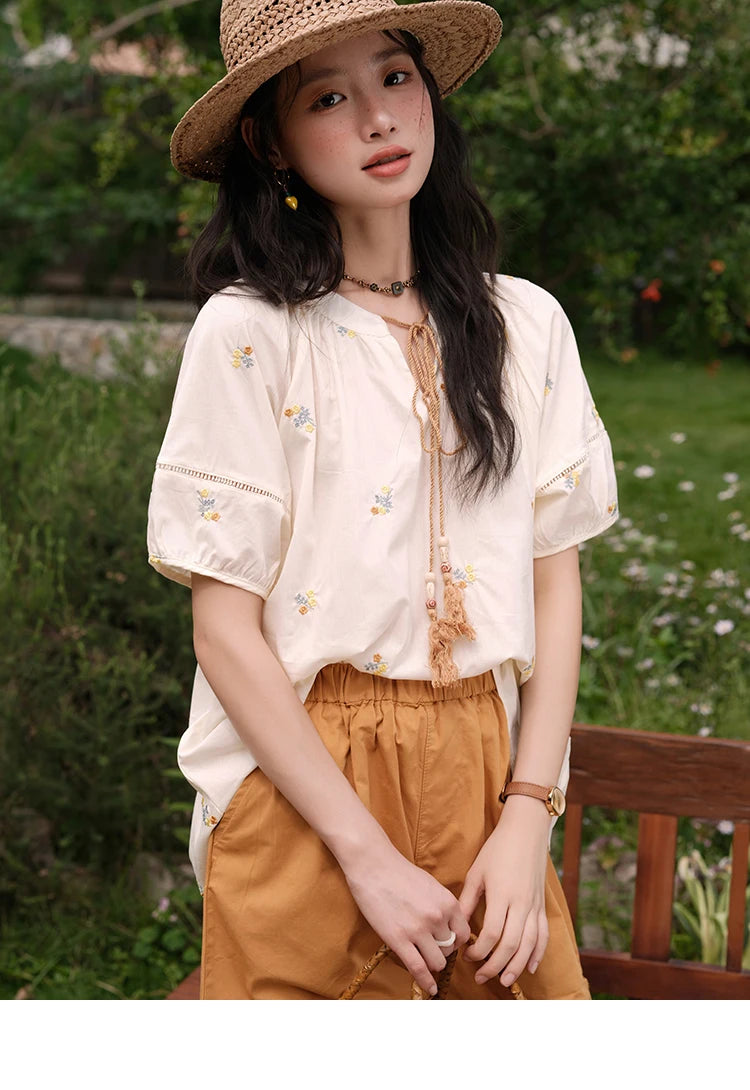 MISHOW Women Two-Piece Set 2025 Summer Puff Sleeve Lace Up Top Hollow Lace Spliced Elastic Waist Shorts Ladies Set MXE38T0684