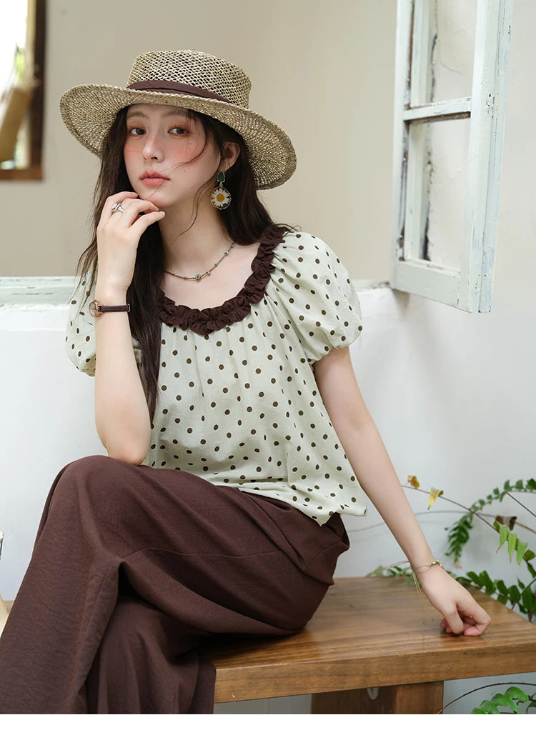 MISHOW 2025 Summer Women's Two Piece Set Polka Dot Puff Sleeve Top Casual Pocket Wide Leg Pants Set Female Clothing MXE39T0657