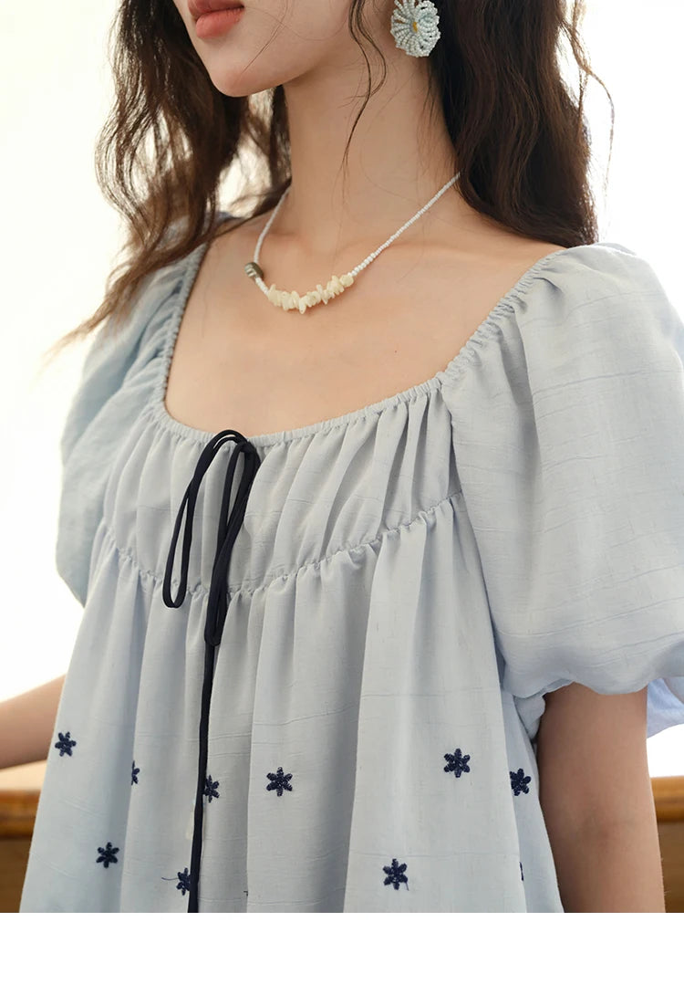 MISHOW Women's Summer Loose Print Blouse 2025 New Fashion Square Neck Lace Up Puff Sleeve Blue Blouse Female Clothing MXE36X1799