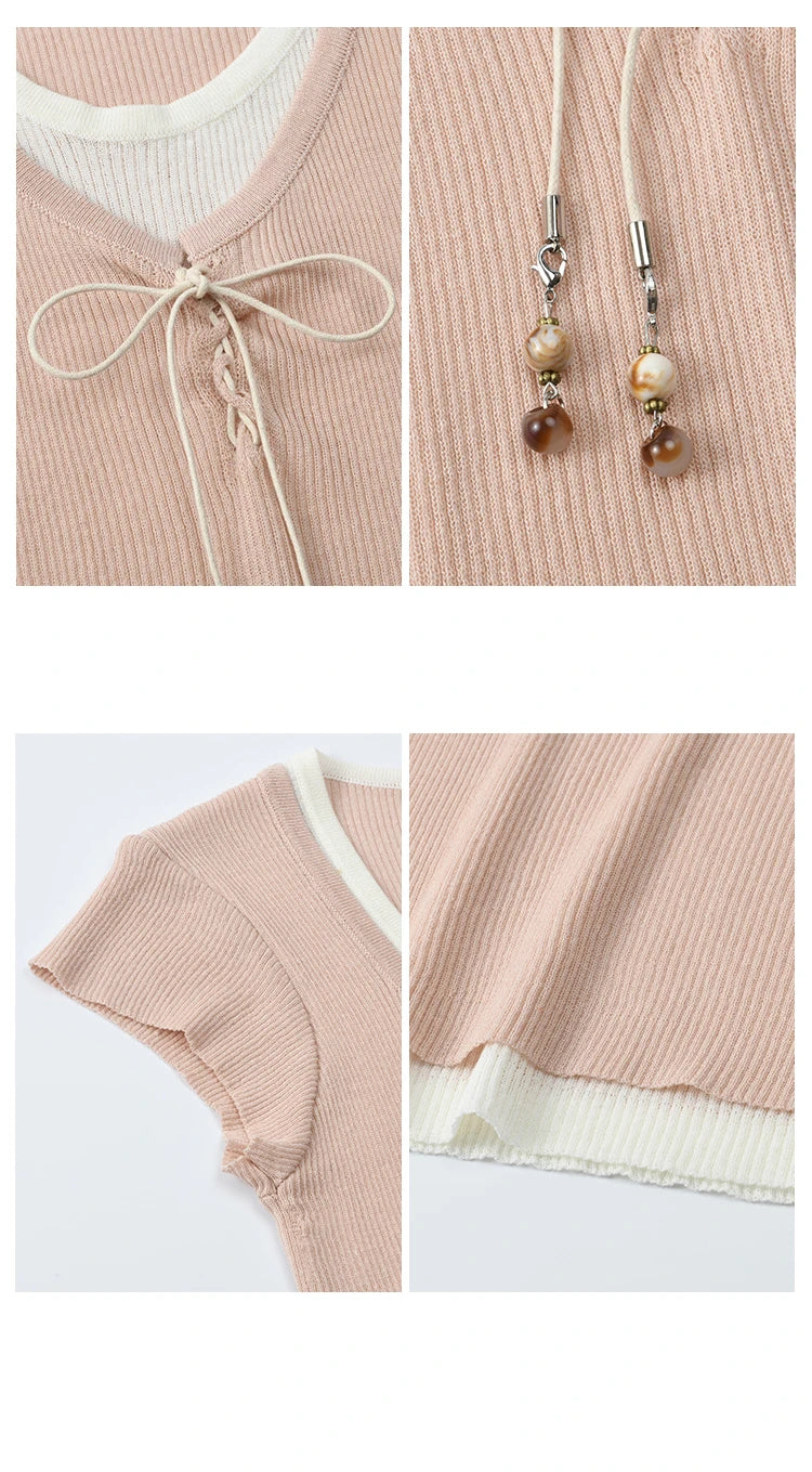 MISHOW Round Neck Patchwork Knitt Sweater for Women 2025 Summer Flying Sleeve Lace Up Versatile Top Female Clothing MXE37Z1278