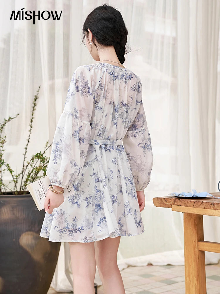 MISHOW Fairy Temperament Floral Puff Sleeved Chiffon Dress Spring Summer 2025 Lace-up O Neck Waist Knee-Length Dress MXD14L1681