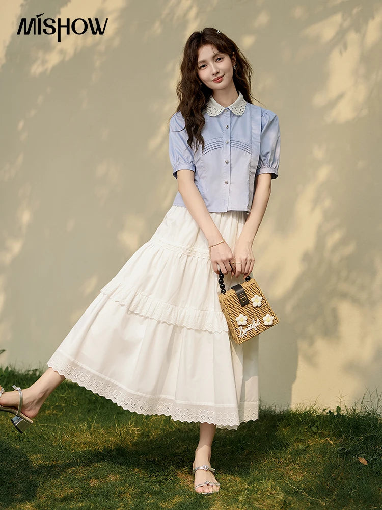 MISHOW Women's Summer Button Up Shirt Puff Sleeve Blouse Lace Lapel French Retro Contrast Top Korean Popular Clothes MXD26X1451