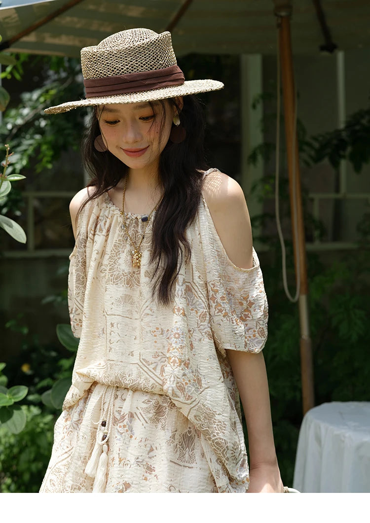 MISHOW Women's Two Piece Set 2025 Summer New Casual Bohemian Print Top Beaded Tassel Drawstring Pocket Shorts Set MXE39T0723