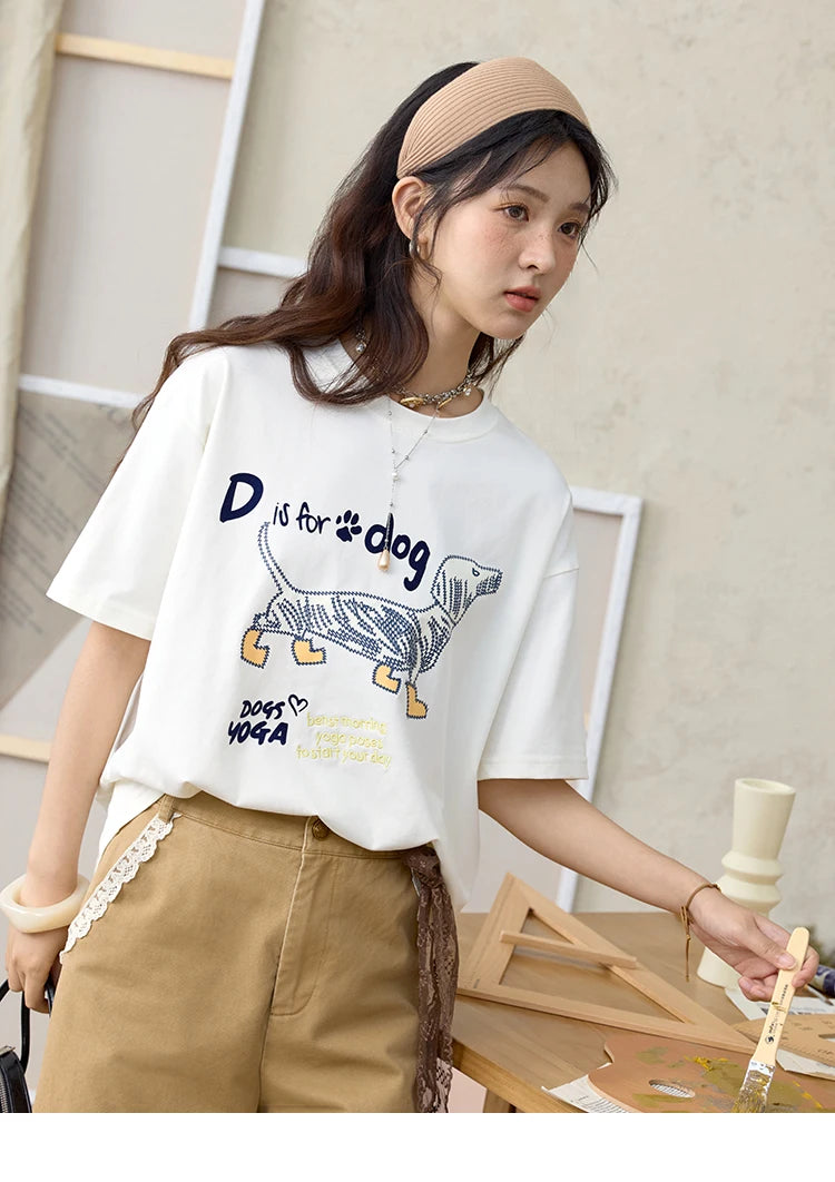 MISHOW Print Summer T-shirts Women 2025 Short Sleeve Round Neck Flocked Puppy Loose Shirt Female Casual Versatile Top MXE33T0542