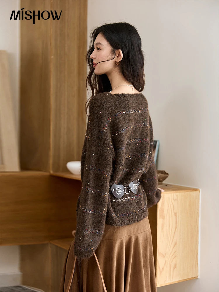 MISHOW Brown Chrysanthemum Yarn Sweaters Women Beltless 2025 Autumn Wool Blend Loose Round Neck Retro Knitted Tops MXE47Z2574